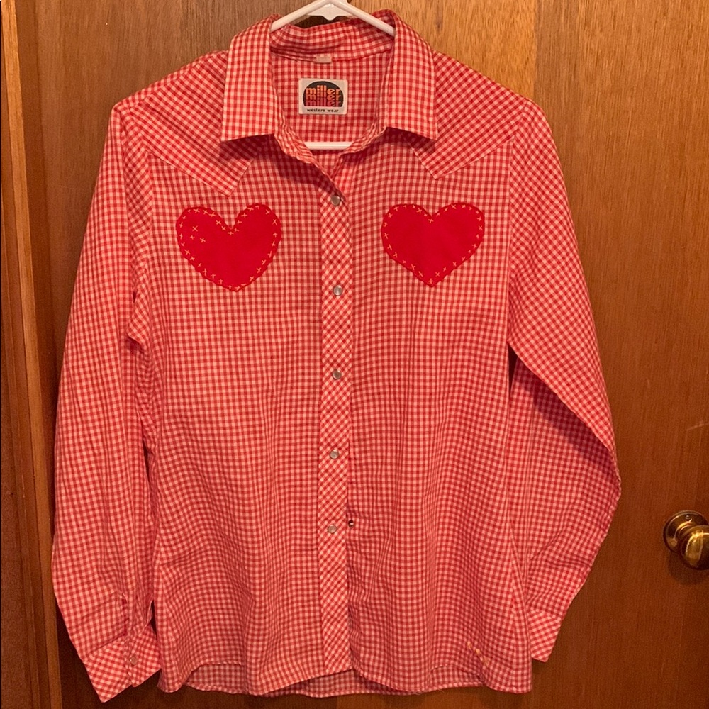 70's Vintage Western Red Gingham Pearl Snap top with Heart Patches